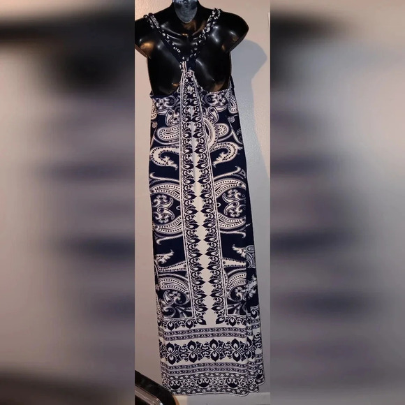 HAANI Maxi Dress Medium Racerback Braided Straps Jersey Fabric Blue White - Picture 2 of 4